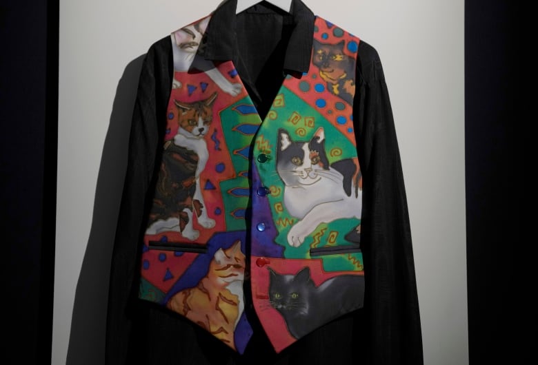 A colourful jacket with pictures of cats on it