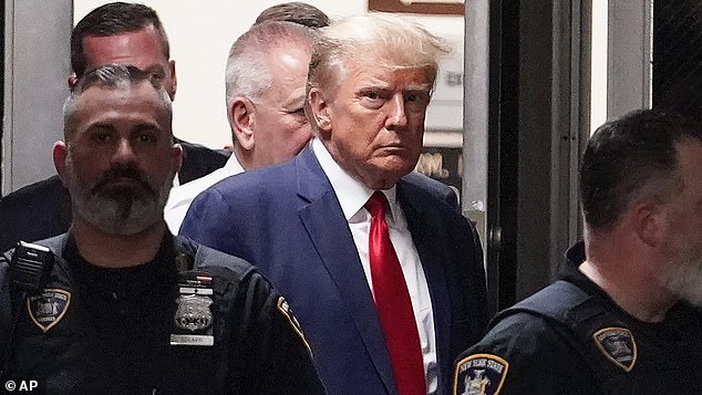 Taveras is now expected to be called as a trial witness to testify against Trump. Pictured: Donald Trump inside a Manhattan courtroom in April