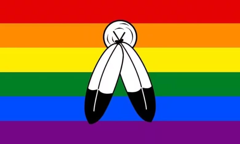 A rainbow flag with two black and white feathers in the middle.