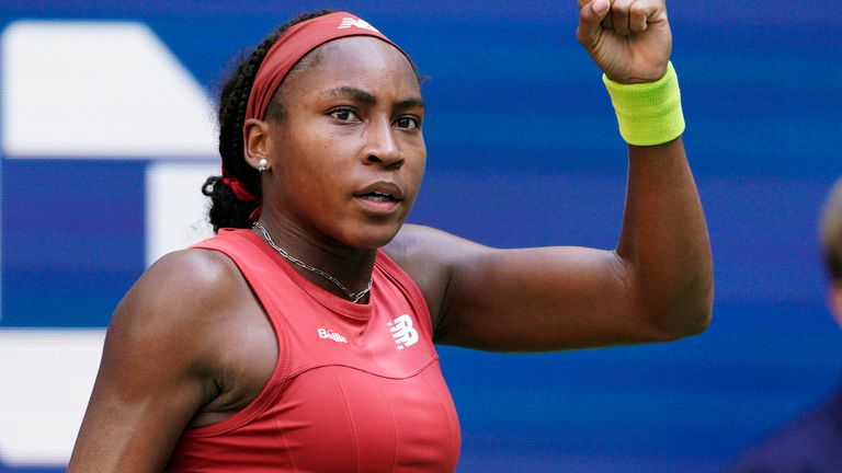 Coco Gauff, of the United States, celebrates after winning a point against Caroline Wozniacki, of Denmark, during the fourth round of the U.S. Open tennis championships, Sunday, Sept. 3, 2023, in New York. (AP Photo/Eduardo Munoz Alvarez)