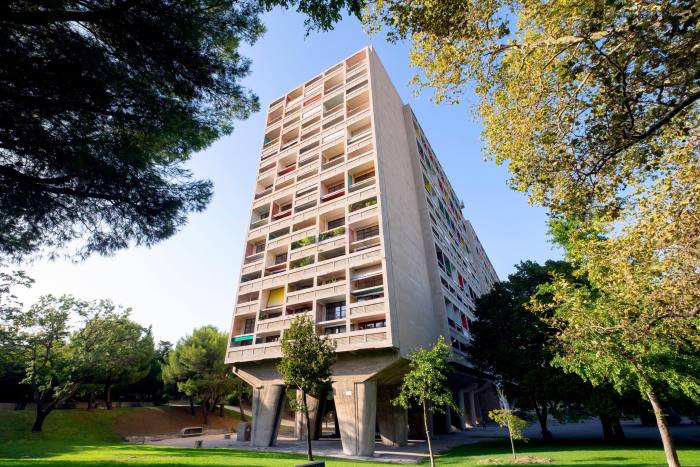 Colourful balconies of the Le Corbusier-designed Cité Radieuse in the 8th arrondissement