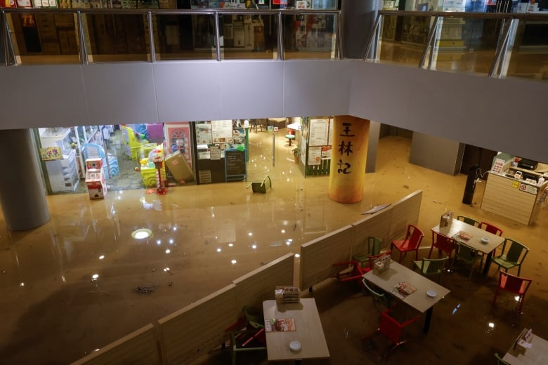 A portion of a flooded shopping mall is seen in Hong Kong.