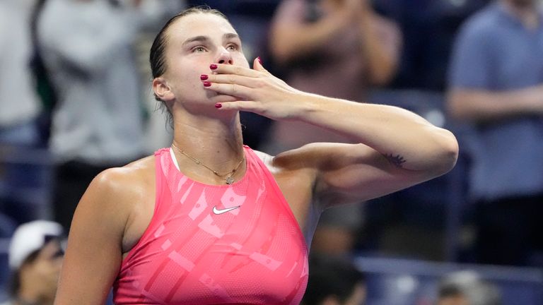 Aryna Sabalenka, of Belarus, celebrates winning her matcha against Madison Keys, of the United States, during the women&#39;s singles semifinals of the U.S. Open tennis championships, Friday, Sept. 8, 2023, in New York. (AP Photo/John Minchillo)