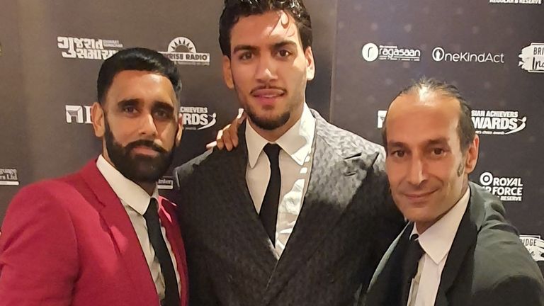 Sheeraz flanked by Bhuinder Singh Gill and Sky Sports News' Dev Trehan