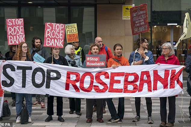 Campaigners take part in a Stop Rosebank emergency protest outside the UK Government building in Edinburgh on Wednesday