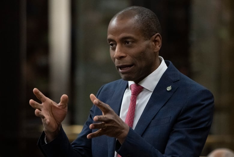 A politician gestures with both hands as he speaks in a legislature.