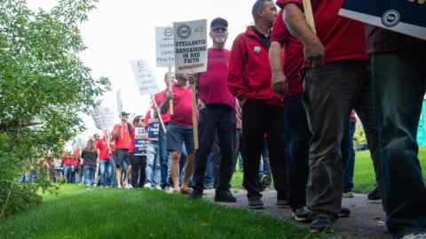 UAW members in front of Stellantis headquarters in Auburn Hills, Michigan