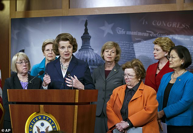 Senator Dianne Feinstein was a trail blazing female senator - above she is with a group of women senators - Sen. Patty Murray, D-Wash., Sen. Elizabeth Warren, D-Mass., Feinstein, Sen. Tammy Baldwin, D-Wis., Sen. Barbara A. Mikulski, D-Md., Sen. Mazie K. Hirono, D-Hawaii - in June 2014