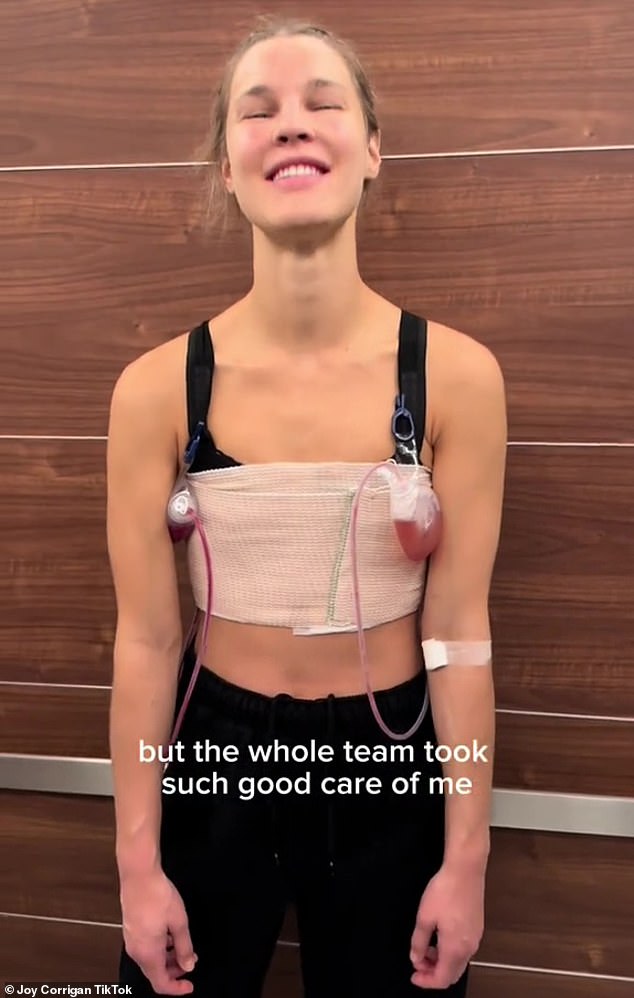 Loopy: 'I'm beyond grateful, wow,' she said wearing ace bandages around her chest, 'No boobies anymore,' she added after her surgery earlier this year