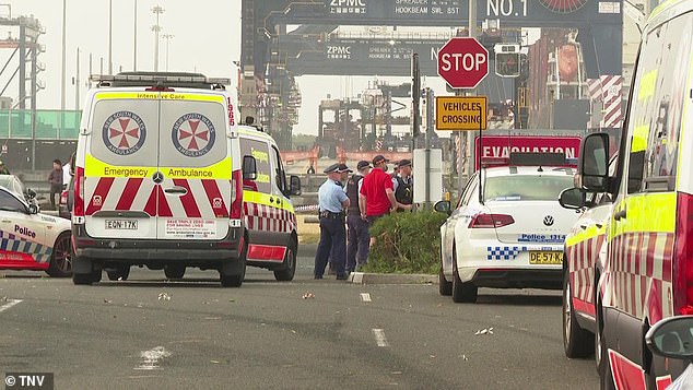 Water Police were called to the scene at about 6am and officers pulled the deceased man from the water unconscious (pictured, emergency services near the Foreshore Road Boat Ramp)