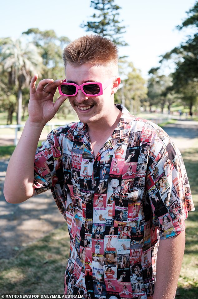 This colourful reveller's shirt was emblazoned with copies of Playboy Magazine from over the years