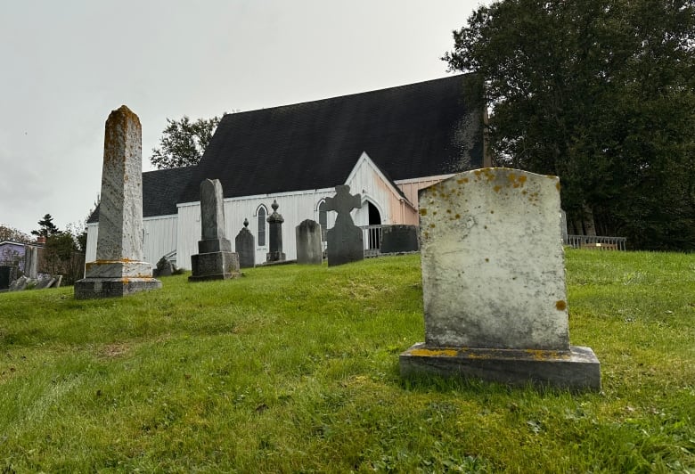 Gravestones are shown on a hill with green grass and a building in the background.