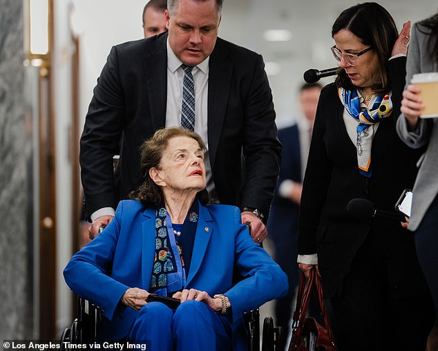 In May, Politico released a sensational report. It noted that Feinstein was now being accompanied everywhere by ‘close personal confidant’ Nancy Corinne Prowda (pictured, right), who is the eldest child of former House Speaker Nancy Pelosi. Insiders said Prowda was looking after Feinstein both in Washington and her home in San Francisco.