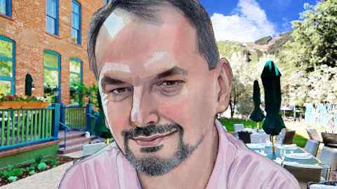 An illustrated headshot of goatee-bearded Christo Grozev against the backdrop of a restaurant garden