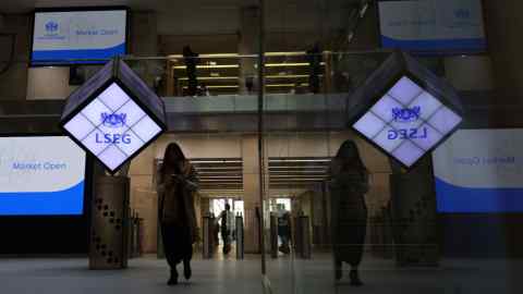 The logo of London Stock Exchange Group Plc in the office atrium in the City of London