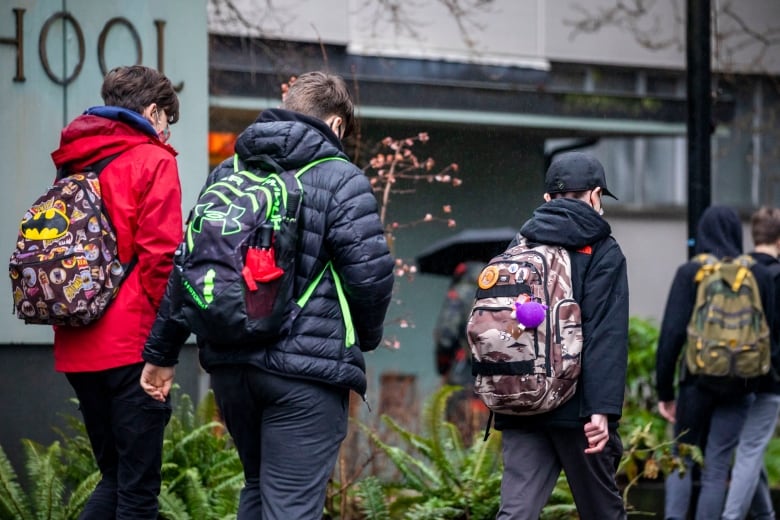 Young students with backpacks march toward school 