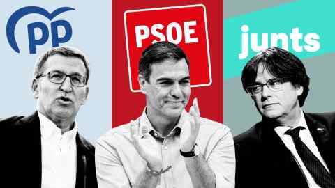 Montage images of Alberto Núñez Feijóo, Pedro Sánchez and Carles Puigdemont