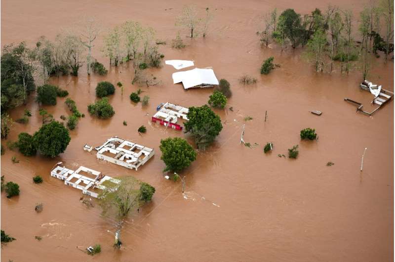 Aerial view of the town of Mucum, Rio Grande do Sul State, Brazil, in the aftermath of a devastatiang cyclone