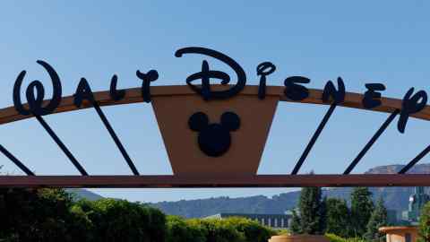 A Walt Disney sign at one of the entrances to Disney Studios in Burbank, California