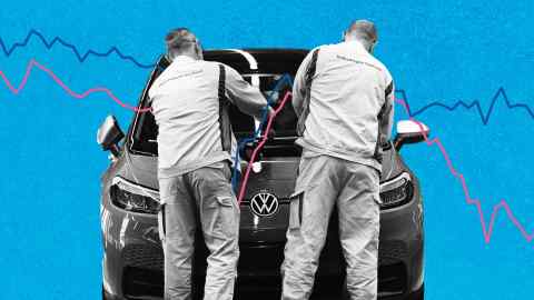 A montage of workers fixing a Volkswagen vehicle overlaid with fluctuating red and blue lines