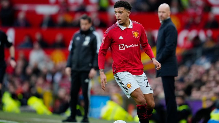 Manchester United&#39;s Jadon Sancho is in action during the English FA Cup quarterfinal soccer match between Manchester United and Fulham at the Old Trafford stadium in Manchester, England, Sunday, March 19, 2023. (AP Photo/Jon Super)