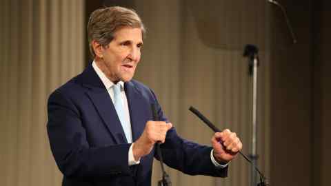 US Special Presidential Envoy for Climate John Kerry speaks at The Signet Library during the first in a series of lectures focusing on the Climate Crisis