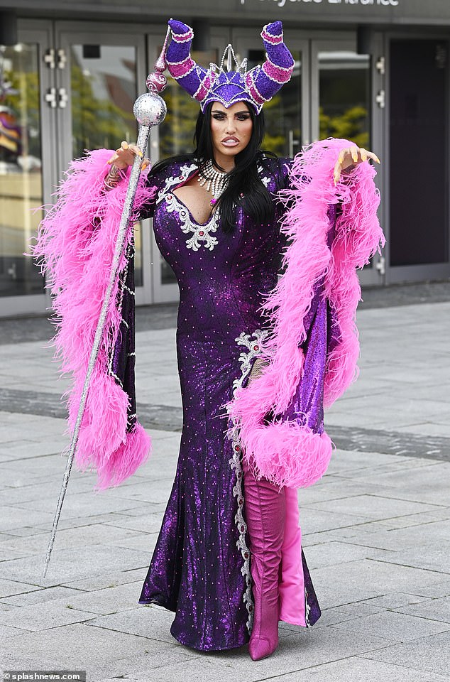 Katie Price puts on a busty display as she shows off her wicked side while dressed as Sleeping Beauty’s evil fairy godmother for Liverpool pantomime