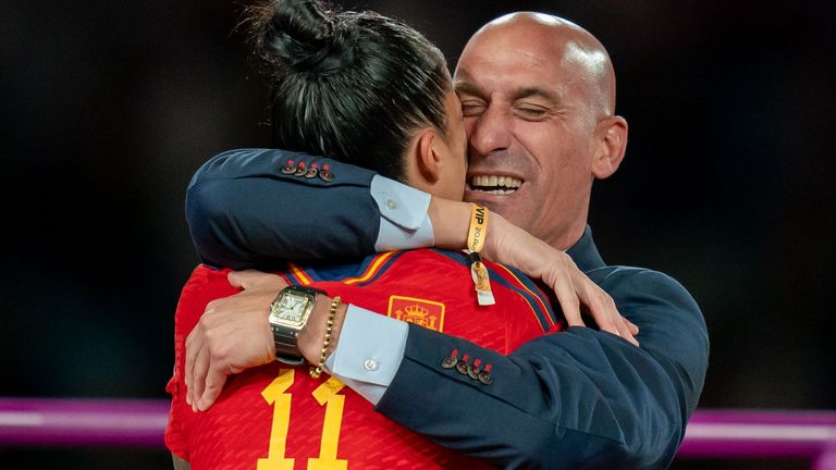 President of the RFEF Luis Rubiales embraces Spain&#39;s Jennifer Hermoso shortly before footage shows him kissing her on the lips (Photo by Noe Llamas/SPP/Shutterstock)