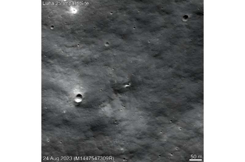 NASA's Lunar Reconnaissance Orbiter spotted a small new crater on the Moon that is the probable impact point of Russia's Luna-25