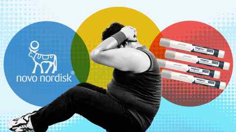 Montage of images. A side view of an overweight woman doing situps, against a backdrop of logos for Novo Nordisk and Wegovy