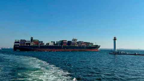 Container ship Joseph Schulte (Hong Kong flag) leaves the port of Odesa to proceed through the temporary corridor established for merchant vessels from Ukraine’s Black Sea ports in Odesa, Ukraine, this week