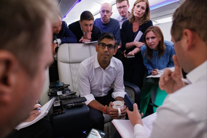 UK prime minister Rishi Sunak during a news conference with journalists on a flight to Delhi, India on September 7 2023