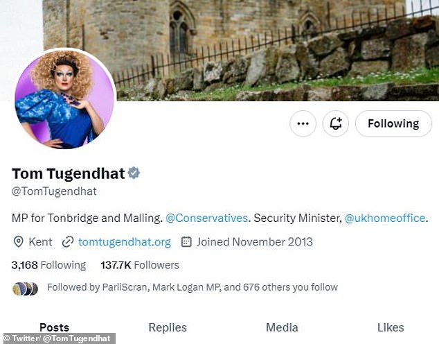 Security minister Tom Tugendhat bizarrely starts using photo of TV drag queen ‘Kate Butch’ as his social media profile pic after being told they are dopplegangers