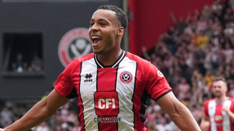 Cameron Archer celebrates after his shot strikes the post before hitting Jordan Pickford and rebounding in the Everton goal