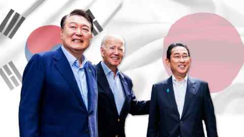 Yoon Suk Yeol, left, Joe Biden, centre, Fumio Kishida