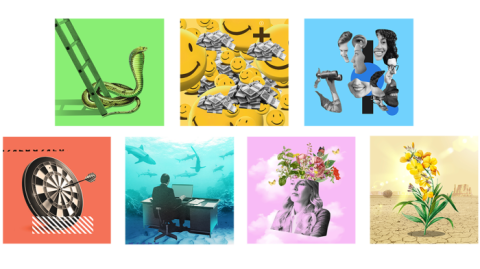 A collage of pictures featuring a cobra on the bottom rung of a ladder, happy face buttons and paper bills, people’s faces, a flower in a desert, a woman with a head full of flowers, a man on an office desk underwater in a shark tank, and a dart stuck on the bullseye of a dartboard