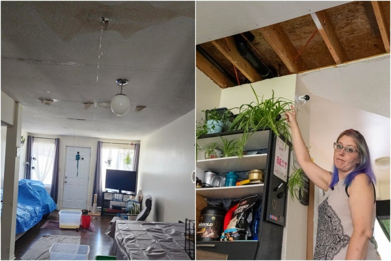 On the left, a photo of water dripping down from a living room ceiling into buckets. On the right, a woman points to a ripped up ceiling under construction.