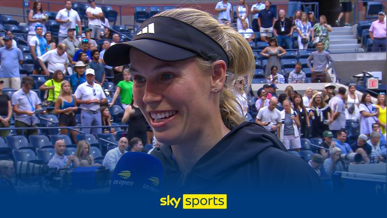 Caroline Wozniacki talks after defeating Jennifer Brady in the US Open