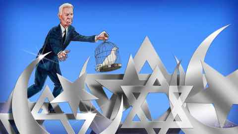 Illustration of Joe Biden carrying a dove in a cage while walking among giant silver symbols, including crescent moons, David’s star and other stars