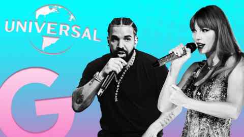 The logos of Universal and Google with photos of Drake and Taylor Swift