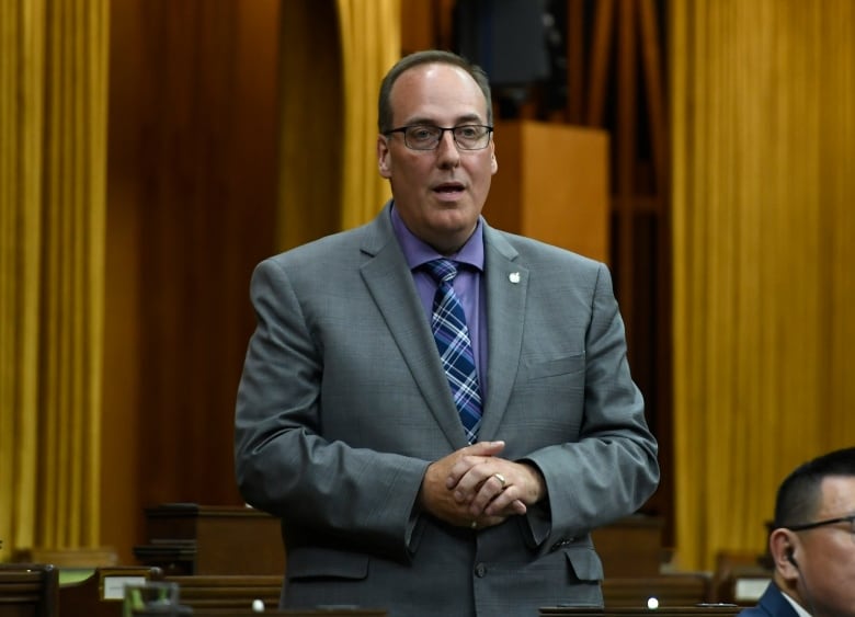 A man in a grey suit and glasses rises in the House of Commons.