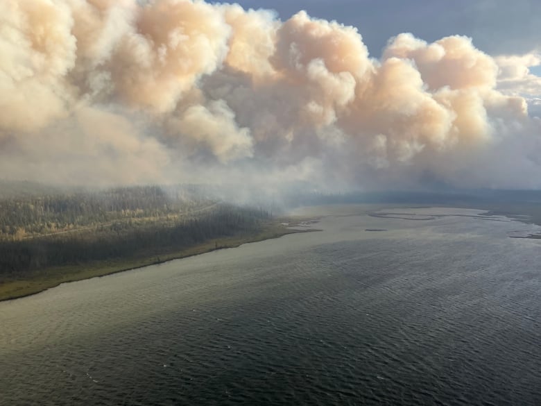 Plumes of smoke rise from above a large river.