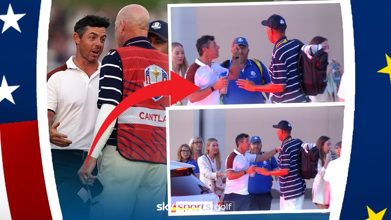 A furious Rory McIlroy confronted a Team USA caddie in the car park post-round after an incident on the 18th hole.