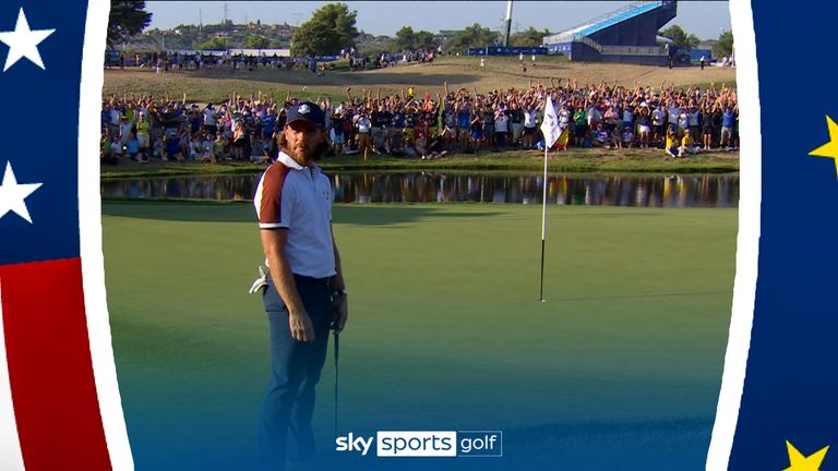 Tommy Fleetwood keeps the hopes alive in his match-up with this spectacular chip-in to ignite the Ryder Cup crowd.