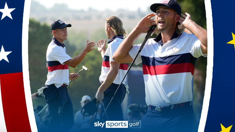 Team USA's Sam Burns makes his par putt on the 15th hole to close out a 4&3 win with partner Colin Morikawa and insists the team believe they can make a Ryder Cup comeback.