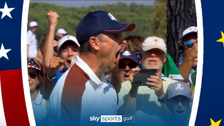 It was the signature pumped up celebration for Justin Rose as he sinks this 15-foot putt for the birdie and to win the hole.