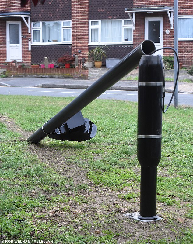 Activists opposed to Mr Khan's flagship policy - which last month expanded to cover the entire city - have already attacked hundreds of static cameras prompting the London Mayor to roll out a fleet of vehicles to catch those flouting the rules. Pictured: One of the Ulez cameras was seen felled today on Hacton Lane in Hornchurch, Havering