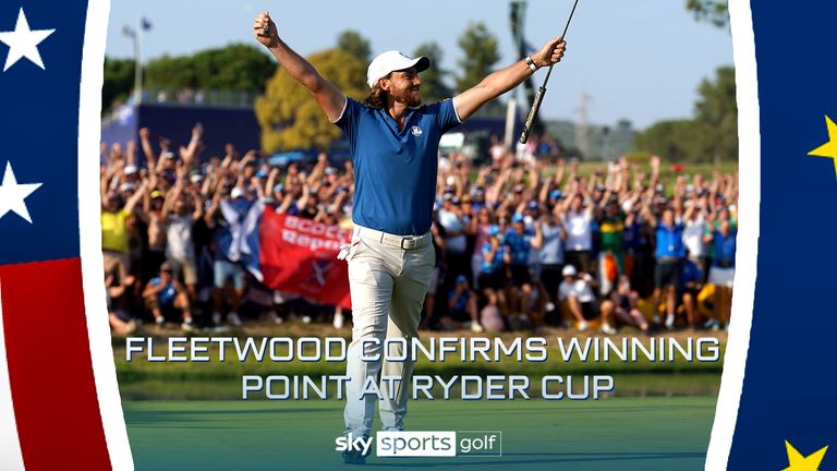 Tommy Fleetwood secured the key point for Team Europe in his singles match against Rickie Fowler with an incredible tee shot at the par-four 16th hole 