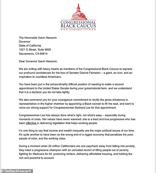 The Congressional Black Caucus wrote an open letter to Newsom earlier Sunday asking that he appoint Lee, who has served in Congress since 1998