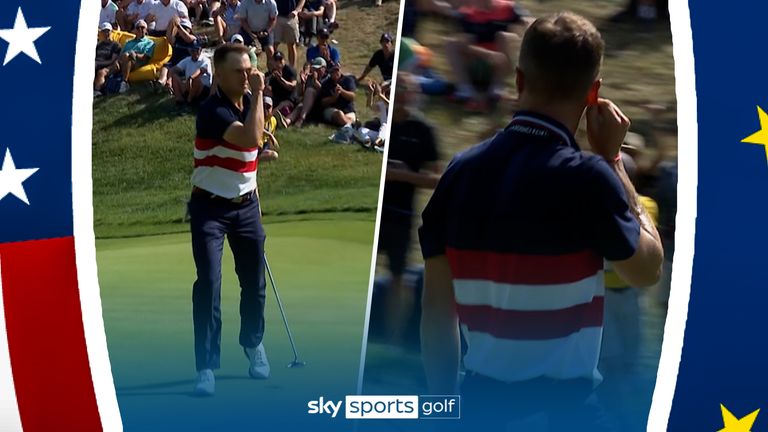 Justin Thomas halved the fourth hole against Sepp Straka and celebrated in fiery fashion by tipping an imaginary cap to the European crowd